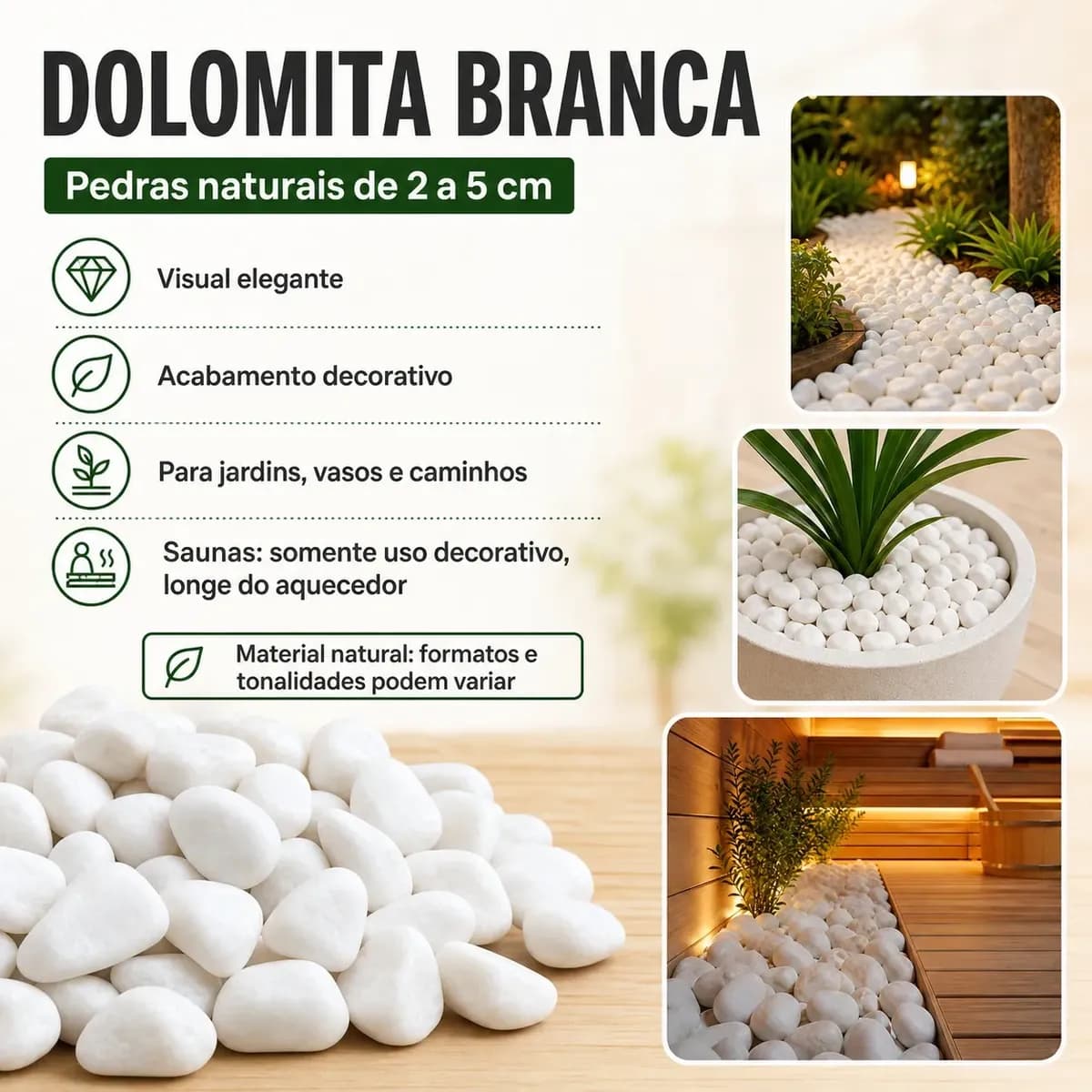 10kg Pedra Dolomita Branca Seixo Natural Para Jardim 2-5cm Branco 2 Cm 5 Cm