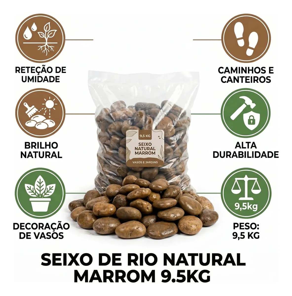 Seixo De Rio Natural Marrom Pedra Para Jardim E Vasos 9,5kg Marrom 1 Cm 7 Cm